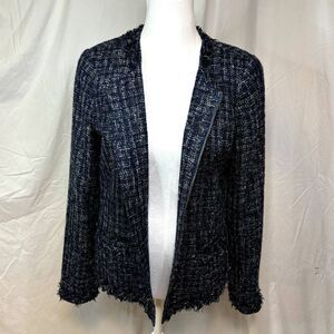 Land's End Patch Fabric Sewn Fringe Zip Jacket Womens Blue Black Comfy Stylish